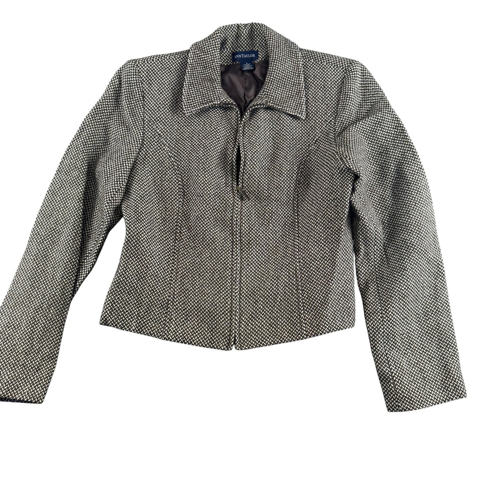 Ann Taylor Brown Herringbone 100% Wool Zip Front Blazer Jacket Size 4